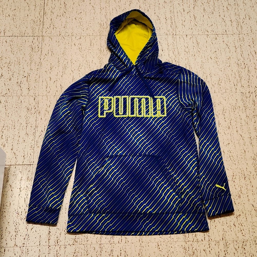 Puma Blue And Yellow Neon Big Spellout Pullover Hoodie Sweater